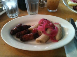 Sausages, pickled onions and boiled plantain (the source of MC's "carnal satisfaction"!)